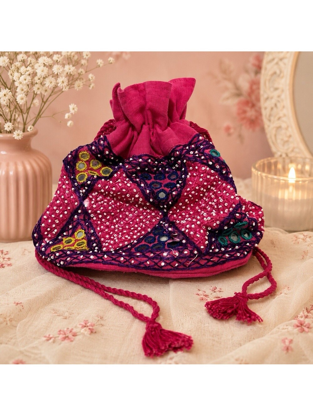 Vintage Reversible Drawstring Bag Pink  Purse Handmade India